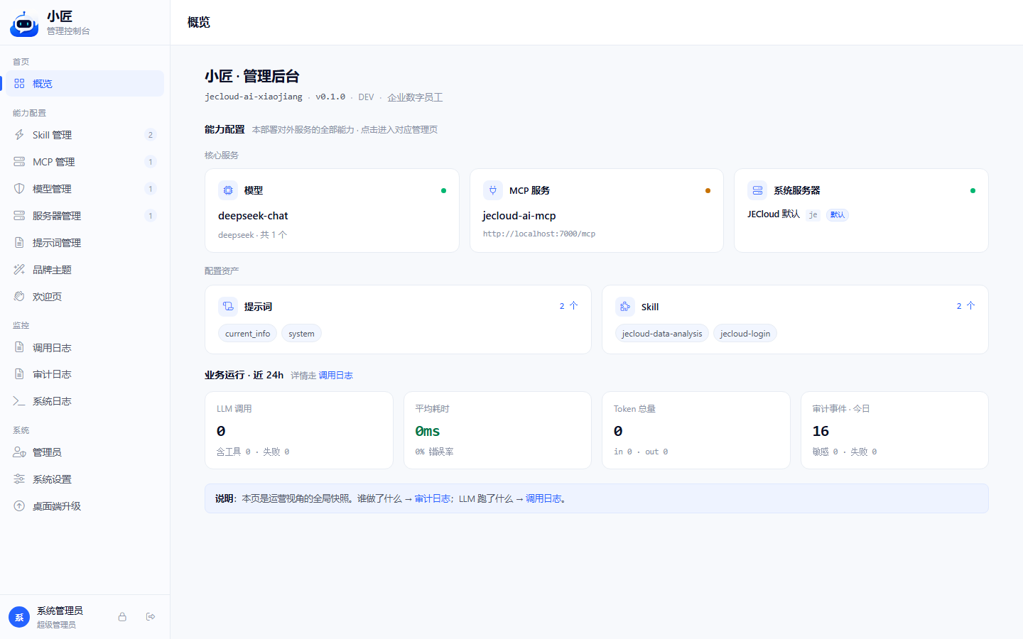 admin 后台首屏：左侧 sidebar 加右侧 dashboard 概览
