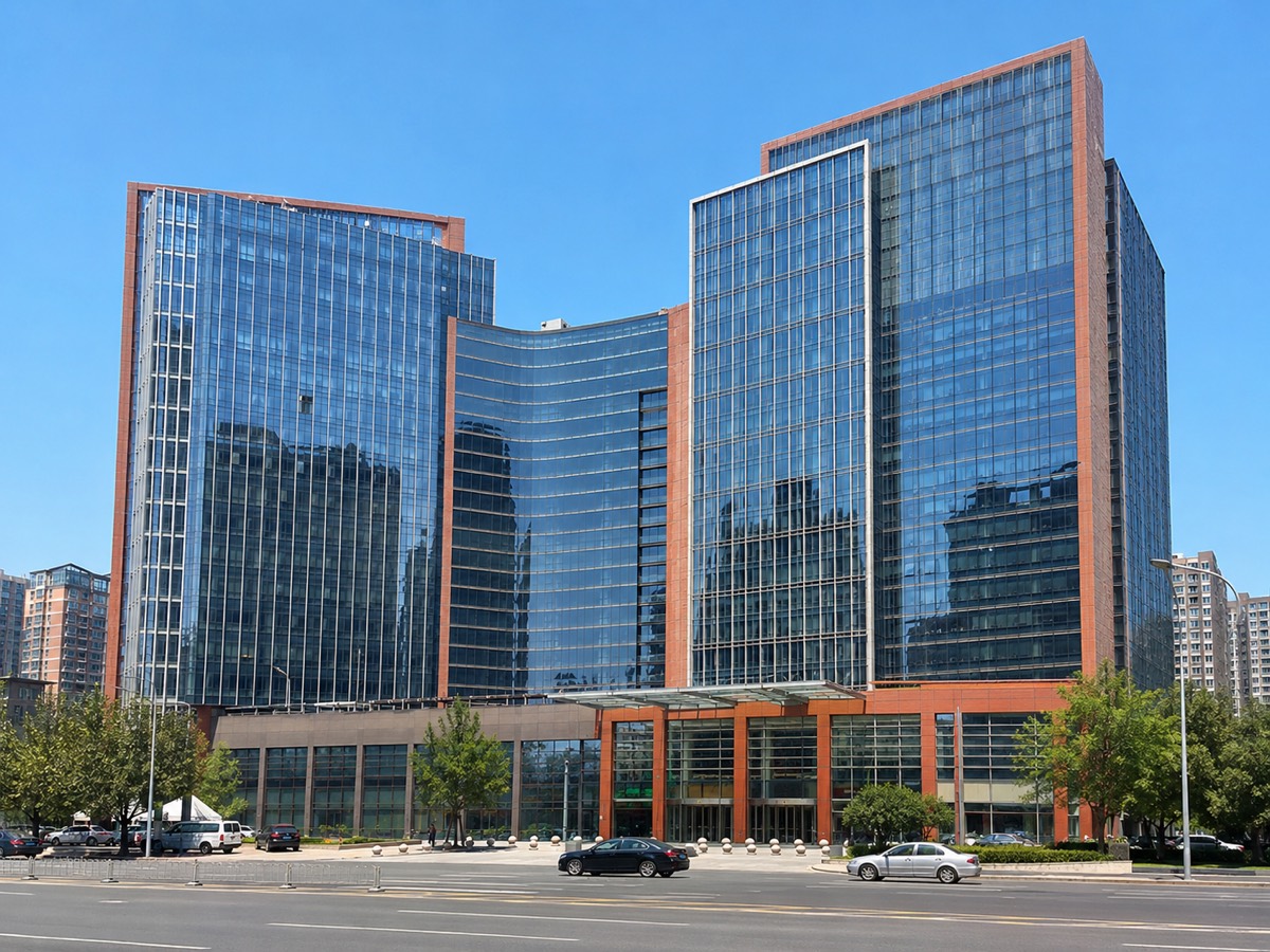 金澳国际大厦楼体实拍（蓝天玻璃幕墙双塔办公楼，正面街景）