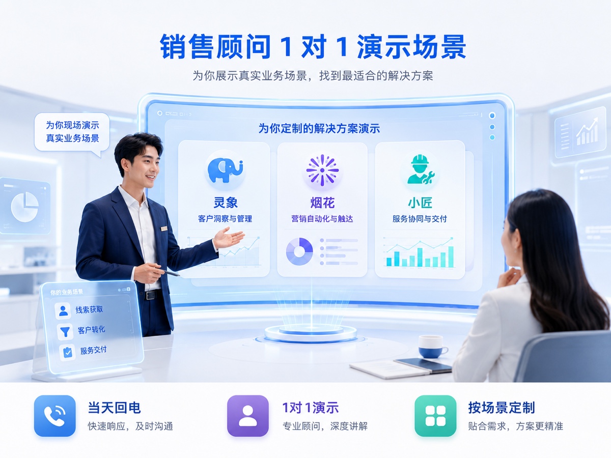 JECloud 销售顾问通过大屏为客户进行灵象、烟花、小匠数字员工产品 1 对 1 演示